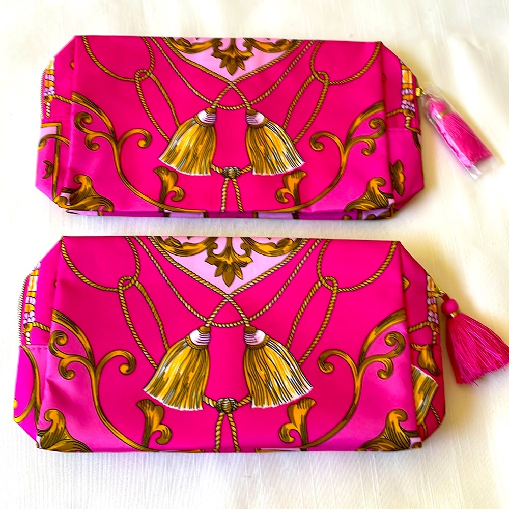 2 ESTEE LAUDER PINK GOLD TASSLE MAKE UP COSMETICS BAGS RECYCLED MATERIALS EUC